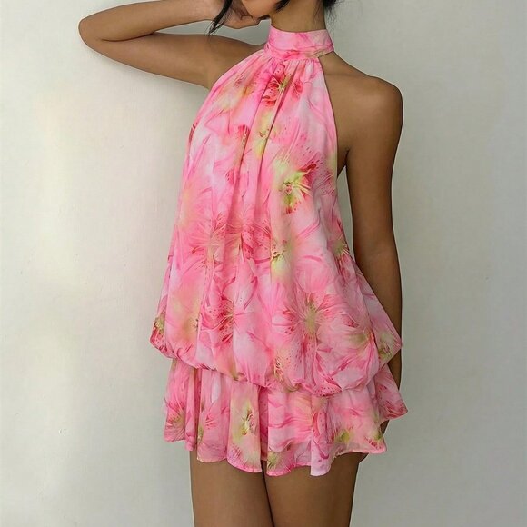 Light Pink Boho Women's Elegant Floral Print Halter Mini Dress - Picture 5 of 7